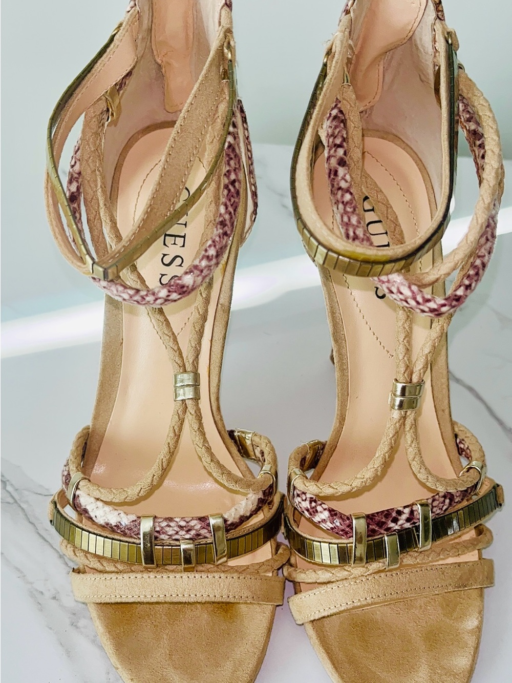 Guess Beige and Pink Braided Strappy Heels with Gold Accents